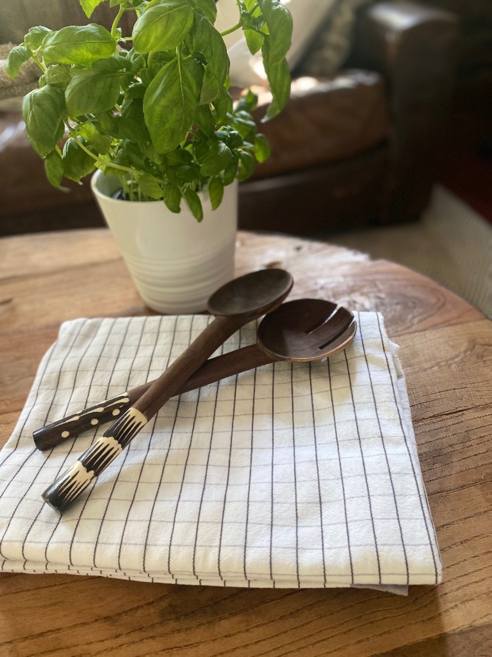 Hand Carved African Olive Wood Salad Servers Bone Inlay Handles